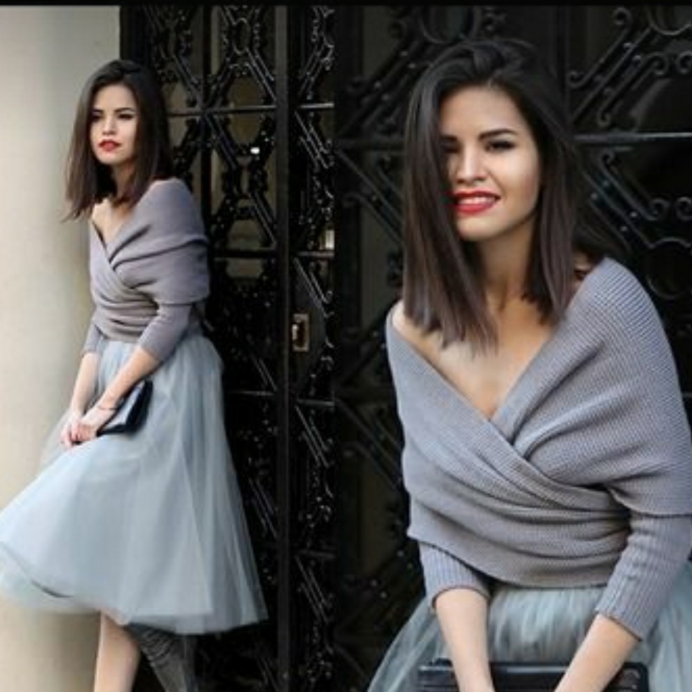 Elegant grey/blue wrap sweater